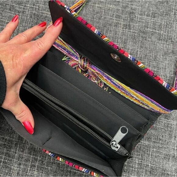 Boho Embroidered Rose Clutch Bag with Rainbow Belt Chain Strap - Picture 3 of 11